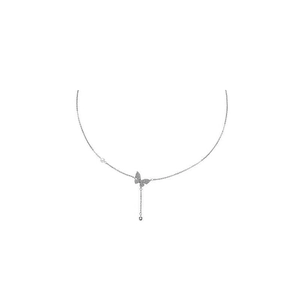 S925 silver butterfly necklace with sparkling crystals, elegant pearl and tassel pendant