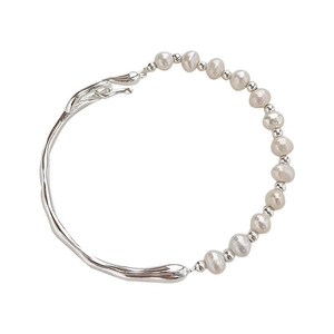 Bracelet jonc en argent S925 avec perles baroques et métal à texture organique unique
