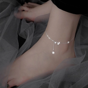 Chaîne de Cheville en Argent Sterling 925 avec Gland Papillon et Fleur pour Femme Élégante Pendentif en Strass Bijoux de Pied Réglable Cadeau