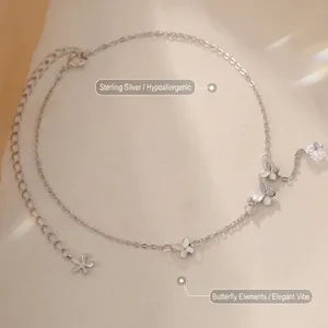 Bracelet de cheville en argent S925 avec papillon, fleur et pierres scintillantes
