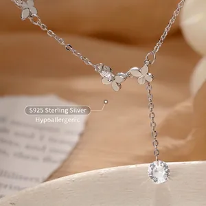 Collier pampille papillon en argent sterling S925 avec émail et zircon étincelant