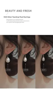 Comparison of 8mm, 10mm, and 12mm S925 silver teardrop pearl earrings on a model