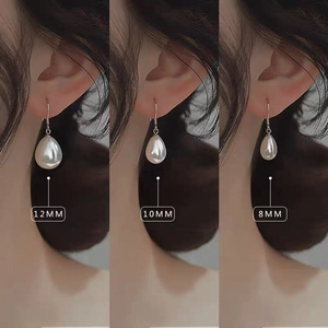 S925 silver vintage teardrop pearl earrings shown in 8mm, 10mm, and 12mm sizes