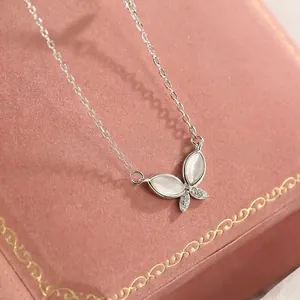 S925 silver butterfly necklace with white cat eye stone and diamonds on pink gift box