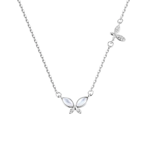 S925 silver butterfly necklace with cat eye stone and pavé accents on white background