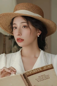 Gros plan d'élégantes boucles d'oreilles en argent S925 et perles avec un chapeau vintage