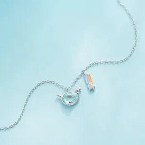 S925 Sterling Silber Einhorn Wal Halskette mit Regenbogen Stern Anhänger in Blau