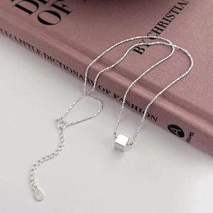 Minimalist 925 Sterling Silver Cube Pendant Necklace For Women Polished Geometric Square Block Clavicle Chain Jewelry Gift