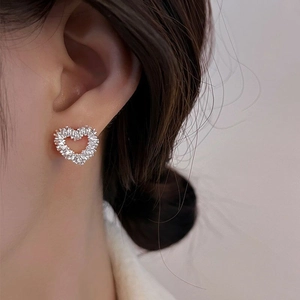 Elegant S925 sterling silver hollow heart earrings with sparkling zircon inlay for women
