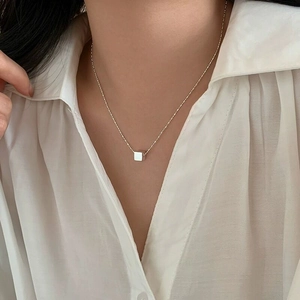 Minimalist S925 sterling silver square cube pendant necklace on a delicate bead chain