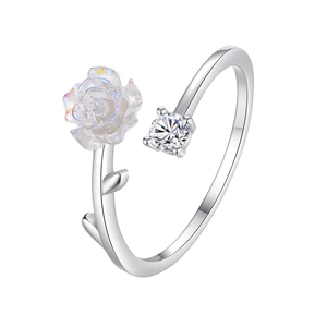 S925 sterling silver camellia flower ring with iridescent rose and sparkling zircon