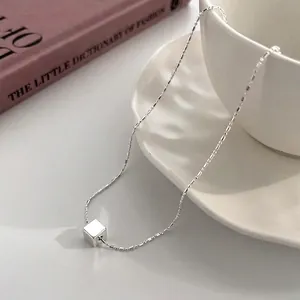 Minimalist S925 sterling silver cube pendant necklace with polished bead chain for women