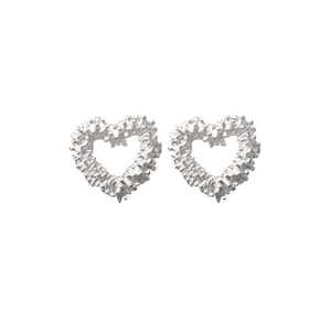 S925 sterling silver hollow heart stud earrings with sparkling silver textured finish