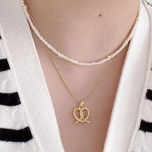 Layered S925 silver twist heart necklace with delicate pearl bead strand for women