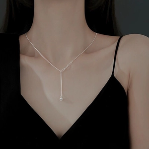 Minimalist S925 sterling silver Y-shaped bead necklace with elegant tassel pendant