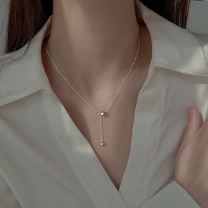 Collier en Y en Argent Sterling S925 avec Gland Minimaliste Pendentif Élégant à Perles Rondes Coulissantes Bijoux pour Femmes
