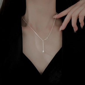 925 Sterling Silver Y Necklace For Women Minimalist Beaded Paperclip Chain Round Bead Pendant Polished Lariat Jewelry