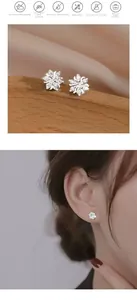 Macro detail of S925 silver flower earrings with zircon stones and model wearing shot