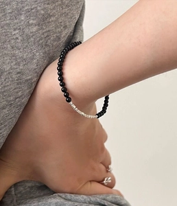 S925 sterling silver bracelet with black onyx beads and irregular textured silver pieces
