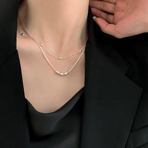Minimalist S925 sterling silver layered necklace with three small rice bead pendants
