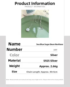 Detail view of S925 sterling silver necklace with blue zircon pendant and specifications