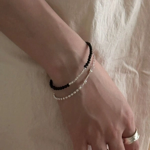 S925 sterling silver beaded bracelet with black agate stones and layered silver ring