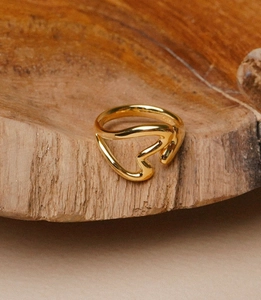 Macro view of minimalist gold hollow heart ring on natural textured wood background