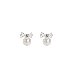 Elegant S925 silver bowknot pearl earrings with sparkling zirconia in a minimalist style