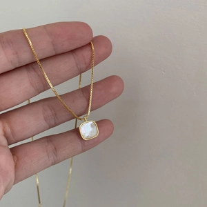 925 Sterling Silver Mother Of Artificial Pearl Square Pendant Necklace French Vintage Style Box Chain For Women Daily Jewelry Gift