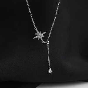 Elegant S925 sterling silver Y-shaped necklace with octagram star and round diamond pendant