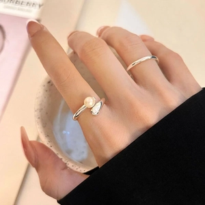 S925 sterling silver pearl open ring set with minimalist polished bands for women