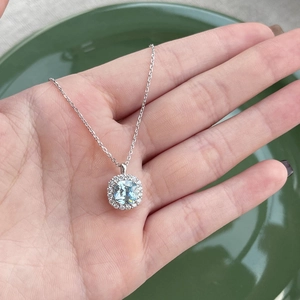925 Sterling Silver Square Light Blue Zirconia Pendant Necklace For Women Fashion Halo Inlaid Platinum Plated Choker Fine Jewelry Gift