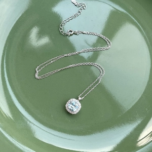 S925 Sterling silver necklace with square light blue zircon halo pendant for women