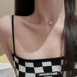 925 Sterling Silver Octagram Star Pendant Necklace For Women Elegant Rhinestone Inlaid Tassel Y-Shaped Chain Jewelry Gift