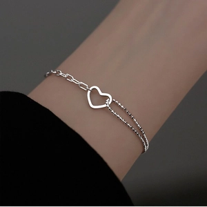 Detail of S925 sterling silver bracelet featuring hollow heart pendant and mixed link chain