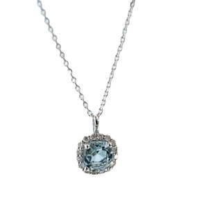 Elegant S925 sterling silver necklace with a square light blue zircon pendant on white
