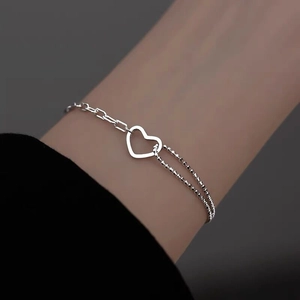 925 Sterling Silver Minimalist Hollow Heart Stitching Bracelet For Women Asymmetrical Bead Paperclip Chain Fashion Jewelry