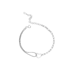 Minimalist S925 sterling silver asymmetric bracelet with hollow heart and bead chain
