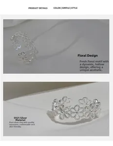 Detail of S925 sterling silver ring featuring a delicate hollow floral pattern design