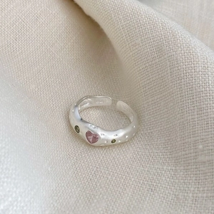 925 Sterling Silver Irregular Hammered Heart Ring For Women Pink Rhinestone Adjustable Opening Light Luxury Jewelry