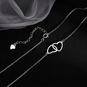 S925 sterling silver interlocking heart necklace with adjustable extension chain