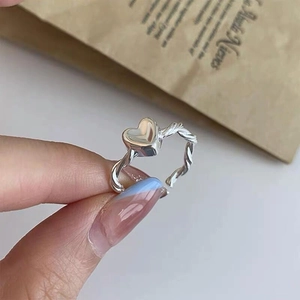S925 sterling silver heart twist ring with adjustable open band for women