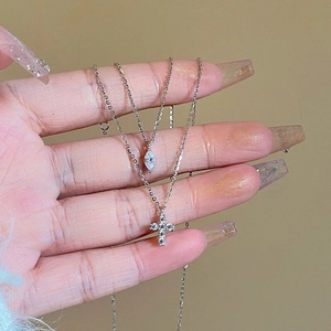 S925 Sterlingsilber Doppelreihige Kreuz Anhänger Halskette Minimalistisch Marquise Strass Schlüsselbeinkette Damen Schmuck