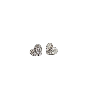 S925 sterling silver heart stud earrings with unique crinkled foil texture and silver finish