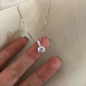 925 Sterling Silver Single Rhinestone Pendant Necklace For Women Minimalist Box Chain Round Crystal Choker Jewelry Valentine Gift