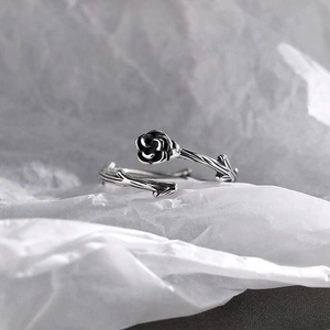 S925 sterling silver thorn rose ring with vintage finish and adjustable open band design