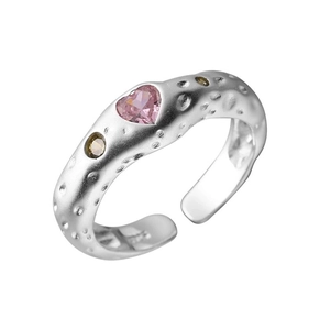 Minimalist S925 silver irregular ring featuring pink heart gem and yellow side stones