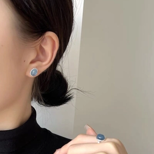 Minimalist S925 sterling silver oval aquamarine stud earrings and ring jewelry set for women