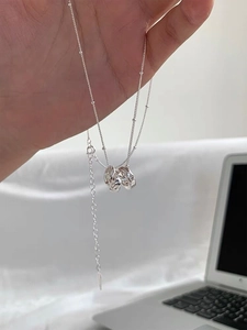 Close-up of S925 sterling silver interlocking double ring necklace with fine bead chain