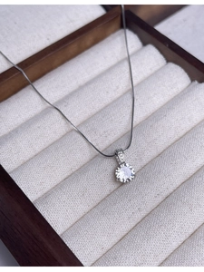 Detail view of S925 silver necklace featuring a sparkling round solitaire pendant and chain